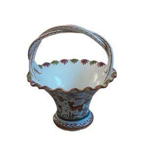 Vintage Handpainted Braided Handle Ceramic Basket. Made In Portugal